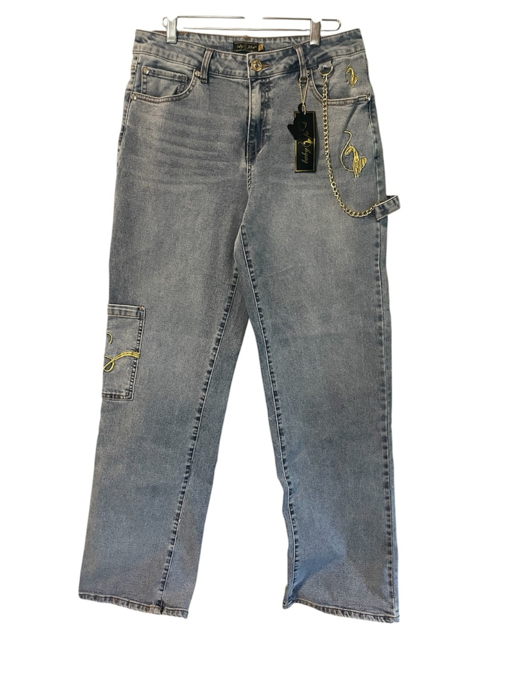 Baby Phat Light Gray Denim Jeans with Gold  Embroidery and Golden Chain